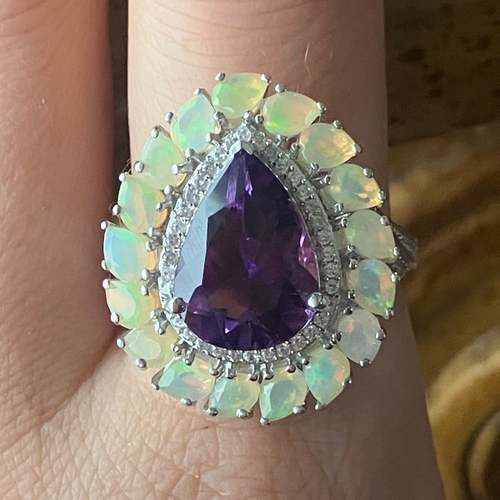 Moroccan Amethyst Ethiopian Opal Sterling Silver Cocktail Ring Size 9